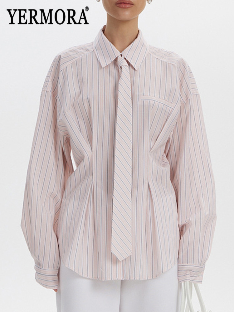 Men'S Fashion Pink Shirt - YERMORA Roze Gestreepte Stropdas Korte Casual